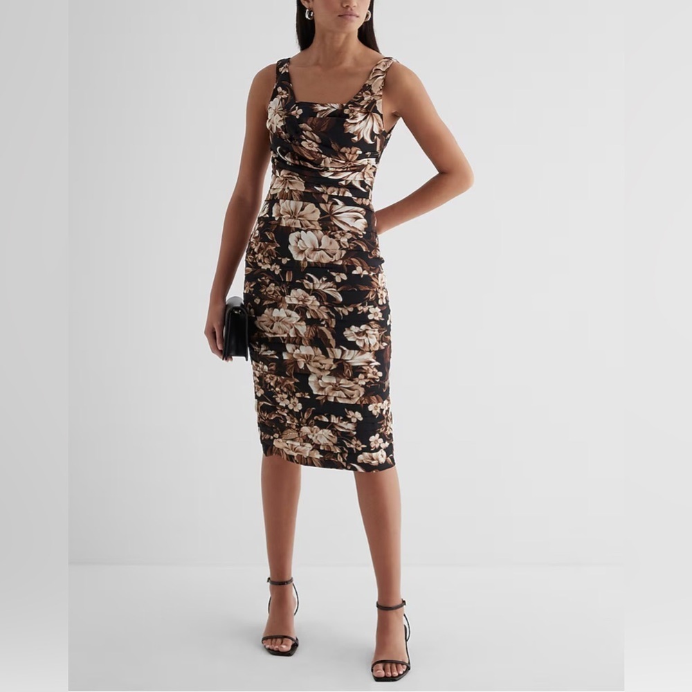 Express Elegant Ruched Floral Midi Dress – Black, Brown & Beige – size 4